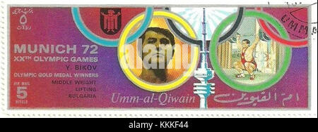 Diese Marke von Umm al-Quwain aus dem Jahr 1972 zeigt ein Bild, das sich auf Yordan Bikov bezieht, eine bemerkenswerte Figur. Die Briefmarke ist ein Stück Postgeschichte aus den Vereinigten Arabischen Emiraten. Stockfoto