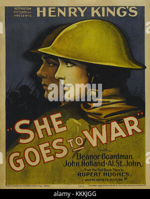 Das Poster für den 1943 erschienenen Film „She Goes to war“ ist ein Werbestück aus dem Kino aus der Zeit des Zweiten Weltkriegs, das die Unterstützung der Kriegsanstrengungen, insbesondere der Frauen, fördern soll, um ihre Rolle in der Heimatfront hervorzuheben. Stockfoto