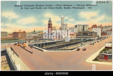 Dieses Bild zeigt die historischen Eisenbahnterminals in Seattle, Washington, die mit großen Eisenbahnunternehmen wie dem Northern Pacific, Great Northern und Union Pacific verbunden sind, die für die Verkehrsgeschichte der regionâ verantwortlich sind. Stockfoto