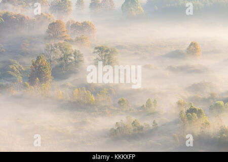 Nebel über den Fluss Adda von Airuno am Santuario Madonna della Rocchetta, Airuno, Parco dell'Adda Nord, Lecco Provinz Brianza, Lombardei, Italien gesehen Stockfoto