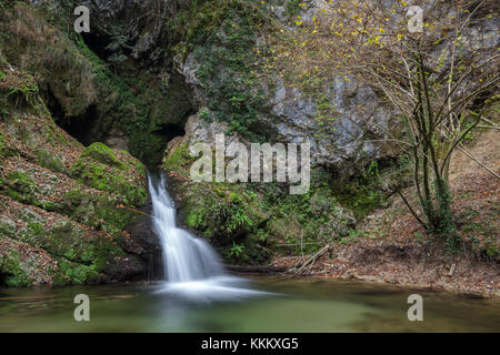 Wasserfall auf dem Rio Rancina Fluss im Herbst, masciago Primo, Parco Regionale Campo dei Fiori, Varese, Lombardei, Italien. Stockfoto