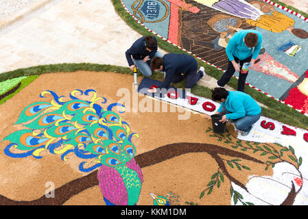 Menschen, die artistict Straße Dekorationen mit Blütenblättern in einem Festival in Gozo Malta Stockfoto