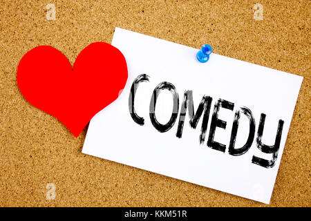 Konzeptionelle Handschrift Text Inspiration zeigt Comedy Konzept für Stand Up Comedy Mikrofon und Liebe auf Haftnotiz geschrieben, Erinnerungskork Stockfoto