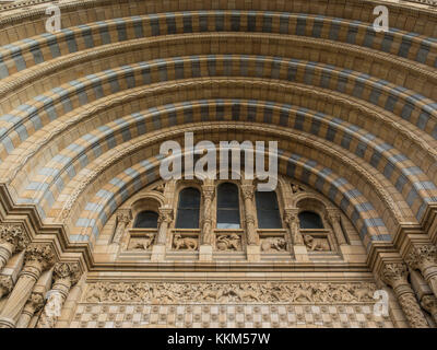 Die Bögen über dem Haupteingang des Natural History Museum in London. Stockfoto