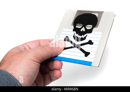 Hand mit einem infizierten Computer Diskette auf einem weißen Hintergrund isoliert. Konzeptionelle Bild mit Schädel und Knochen. Stockfoto