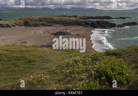 Schöne sandige Buchten an der Spitze des Ynys Llanddwyn Island über Twr Bach alten Leuchtturm suchen, mit Snowdonia darüber hinaus. Anglesey. Stockfoto