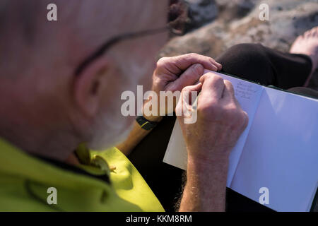 Kletterer an der pk-Kante auf der hochsteinnadel, Dahner Felsenland, Pfälzer Wald, Rheinland - Pfalz, Deutschland, Stockfoto