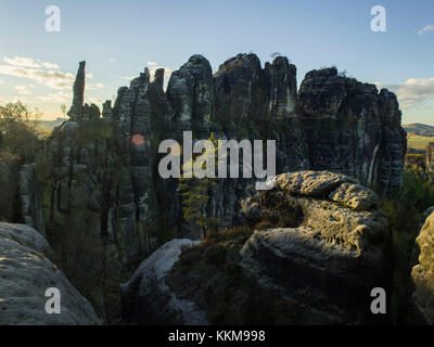 Schrammsteine bei Sonnenuntergang, Sächsische Schweiz, Elbsandsteingebirge, Deutschland, Stockfoto