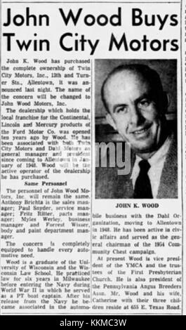 Eine historische Werbung für John Wood Motors vom 28. April 1958 in Allentown, PA, in der Automobilprodukte und -Dienstleistungen aus dieser Zeit vorgestellt werden. Stockfoto
