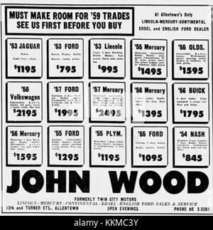 Eine historische Werbung oder ein Foto von John Wood Motors aus dem 9. Oktober 1958 in Allentown, Pennsylvania, in der seine Automobilprodukte oder -Dienstleistungen vorgestellt werden. Stockfoto