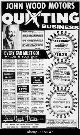 Diese Werbung von John Wood Motors vom 5. Juli 1961 enthält ein Angebot für Kraftfahrzeuge in Allentown, Pennsylvania. Sie hebt eine besondere Promotion oder Verkaufsveranstaltung im Händlerbetrieb hervor. Stockfoto