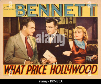 Lobby-Karte für den Film „What Price Hollywood?“ Aus dem Jahr 1932 mit den Stars und der Handlung dieses frühen Hollywood-Dramas. Stockfoto