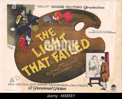 Die *Light That Failed* Lobby Card ist ein Werbestück aus der Verfilmung von Rudyard Kiplings Roman aus dem Jahr 1923. Der Film thematisiert die Themen Liebe, Verlust und Opfer und spiegelt Kiplingâ literarischen Stil wider. Stockfoto