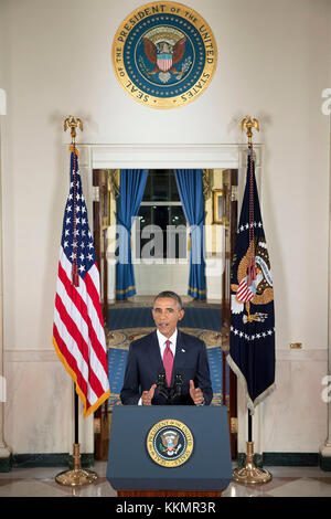 Präsident Barack Obama eine Rede an die Nation auf der US-amerikanischen Anti-Terror-Strategie der terroristischen Gruppe isil im Irak und in Syrien zu bekämpfen, in der Halle des Weißen Hauses, sept. 10, 2014. Stockfoto