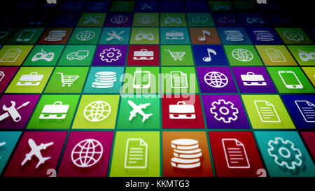 3D-Darstellung der Advanced mobile Symbole auf einem PC-Bildschirm diagonal. Die Icons sind bunt und Gegenwart Flugzeug, Instandsetzung, Typ Stockfoto