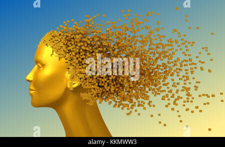 Gold Kopf einer Frau und 3D-Pixel wie Haare auf blauem Hintergrund. 3D-Darstellung.