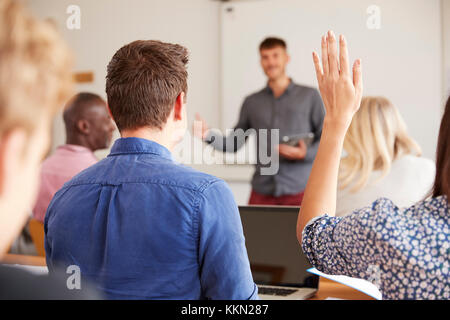 Ansicht der Rückseite des Reife Studenten Fragen stellen In der Klasse Stockfoto