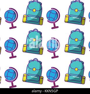 Schule Rucksack und Globus Karte Welt nahtlose Muster Stock Vektor