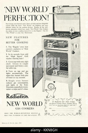 1939 UK Magazin Strahlung Gasherde Advert Stockfoto