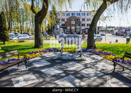 Hirsch-Skulptur im Vorderhaus des Rathauses von Mielno - Ostseestadt im Komitat Koszalin, Woiwodschaft Westpommern Polens Stockfoto