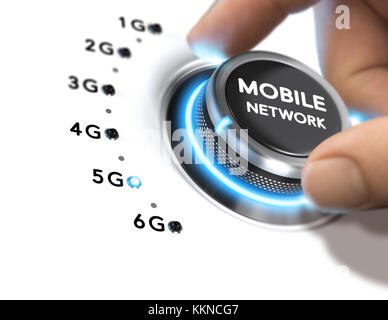 Hand einen Knopf drehen auf weißem Hintergrund und die Auswahl der 5G Mobile Network generation. zusammengesetzte Bild zwischen einer hand Fotografie und eine 3d-backgrou Stockfoto