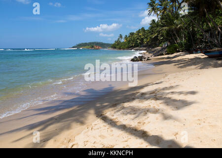Tropische Landschaft mit Palmen und Sandstrand, Mirissa, Sri Lanka, Asien Schatten der Palme Stockfoto