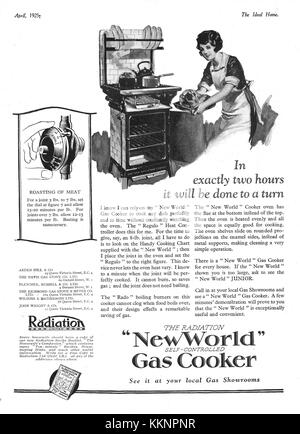 1925 UK Magazin Strahlung der 'Neuen Welt' Gasherd Advert Stockfoto