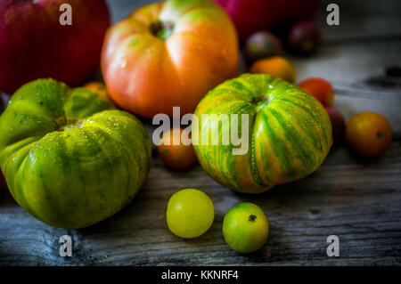 Heirloom Tomaten auf rustikalen Hintergrund Stockfoto