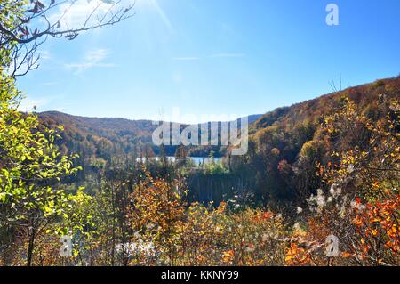 Fragen, durch die herrlichen Wälder rund um die Plitvicer Seen. Stockfoto