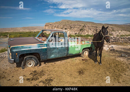 Boquillas del Carmen, Coahuila, Mexiko - einen maroden Lkw dient als Hitching Post für ein Pferd in der kleinen Grenzstadt boquillas. Die Stadt ist Stockfoto