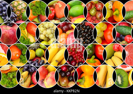 Collage aus frischem Obst und Gemüse. Hintergrund der nützliche Produkte. Stockfoto