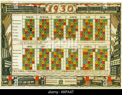 Ein koloriertes Bild eines sowjetischen Kalenders von 1930, das die Design- und Propagandakunst der frühen Sowjetzeit veranschaulicht und das politische und kulturelle Klima der damaligen Zeit widerspiegelt. Stockfoto
