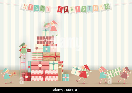 Frohe Weihnachten Grußkarte - Bunte Geschenkboxen in Form von Xmas Tree. Weihnachten Zwerge bringen Geschenke. Retro Style. Vector Illustration. Stockfoto