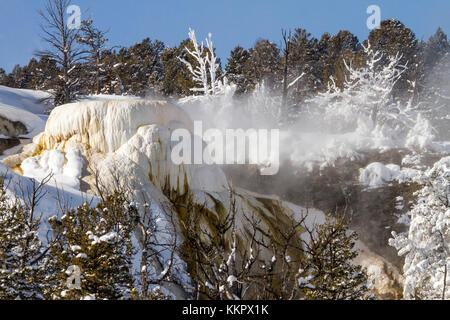 Der Schnee Highland Spring an der Yellowstone National Park Mammoth Hot Springs im Winter Januar 12, 2017 in Wyoming. (Foto von Diane renkin über planetpix) Stockfoto