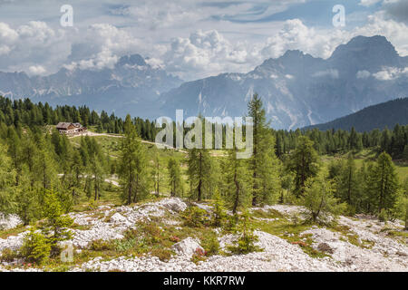 Gruppen von Cristallo Sorapiss und als in der Nähe des Croda da Lago Zuflucht, Cortina d'Ampezzo, Belluno, Venetien, Italien gesehen Stockfoto