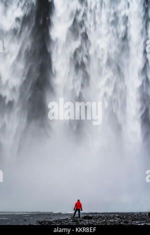 Skogafoss Wasserfall, Skoga, Island. Ein Mann in roter Jacke steht unter dem Skogafoss Wasserfall Stockfoto