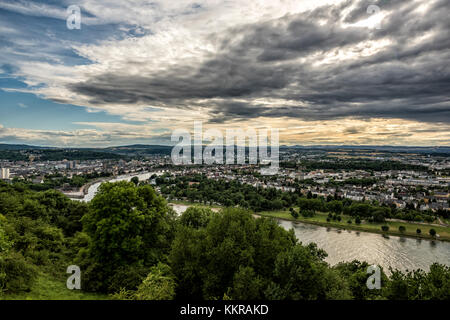 Blick auf Rhein und Koblenz von der Festung Ehrenbreitstein Stockfoto