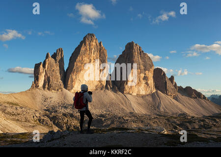 Sonnenuntergang am paternkofel und Drei Zinnen, Dolomiten, Toblach, Südtirol, Bozen, Italien Stockfoto