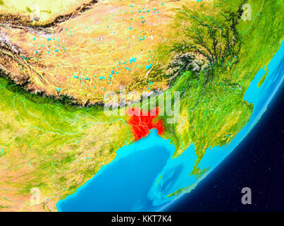 Karte von Bangladesch aus dem Weltraum auf dem Planeten Erde. 3D-Abbildung. Elemente dieses Bildes, bereitgestellt von der NASA. Stockfoto