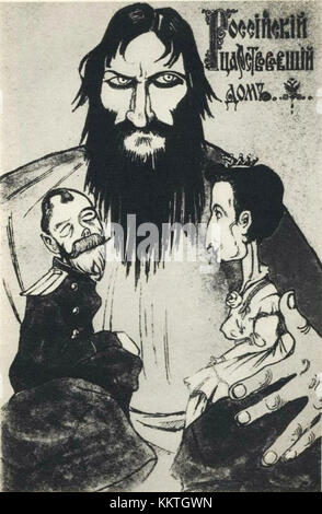 Diese Listowka (Postkarte) wird mit Grigori Rasputin in Verbindung gebracht, einem umstrittenen russischen Mystiker und Vertrauten der russischen kaiserlichen Familie. Die Postkarte stellt wahrscheinlich ein Bild oder eine Szene dar, die mit Rasputins Leben oder Vermächtnis in Zusammenhang steht. Stockfoto