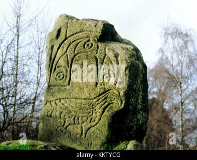 Adler Vogel Motiv geschnitzt auf piktische Denkmal bekannt als Eagle Stein in Strathpeffer, Cromarty, Hochlandregion, Schottland. Stockfoto