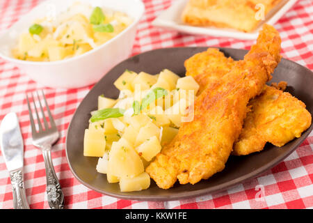 Selektiver Fokus auf die gebratenen Catfish und Kartoffelsalat in der Platte Stockfoto