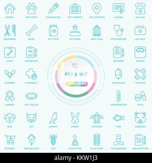 Universal Web und Internet pet und Tierarzt Zeile für Symbole gesetzt. Web, Blog und social media Tasten. Vektor illusitration auf Hintergrund isoliert. enthält solche Ikonen wie Kragen, Spielzeug, Tiernahrung und mehr. Stock Vektor