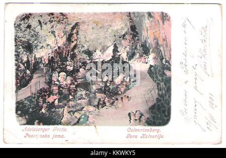 Eine Postkarte aus dem Jahr 1901, die die Postojna-Höhle darstellt, ein 24,34 km langes Karsthöhlensystem in Slowenien, das für seine vielfältigen Formationen und als eine der wichtigsten Touristenattraktionen bekannt ist. Stockfoto