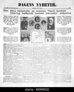 Dagens Nyheter vom 17. April 1912 zeigt wichtige Ereignisse aus dieser Zeit, darunter Berichte über den Untergang der Titanic, eine der bedeutendsten Katastrophen des frühen 20. Jahrhunderts, und ihre Auswirkungen auf die globale Nachrichten und die Gesellschaft. Stockfoto