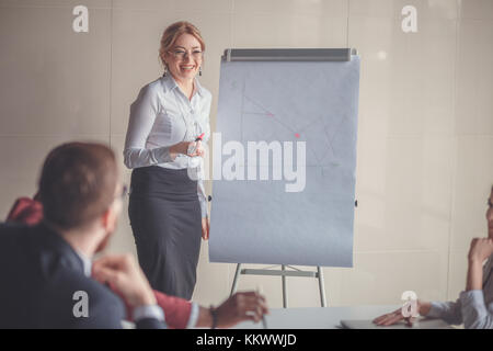 Business Plan auf Flipchart erklärt durch ceo an Mitarbeiter Stockfoto