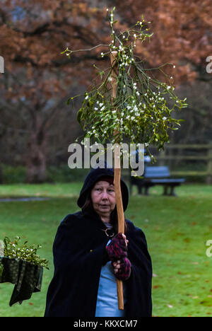 Tenbury Wells, Großbritannien. 2. Dez, 2017. Druiden eine Zeremonie durchführen Feiern nationalen Mistel Tag am burgage in Greiz am 2. Dezember 2017 zuerst vom Parlament im nationalen Mistel Tag 2005 Befürwortende Stellungnahme findet am 1. Dezember (oder dem nächsten Samstag) jedes Jahr.tenbury Mistel Festival begann 2004, als die traditionellen Mistel Auktionen, in der Stadt seit über 100 Jahren stattfand, schien von der Schließung bedroht. lokale Leute waren entschlossen, die tenbury Mistel Vermächtnis fortsetzen würde, und so war das Festival geboren. Credit: Jim Holz/alamy leben Nachrichten Stockfoto