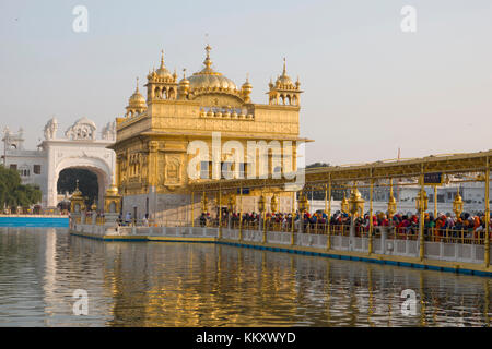 Große Warteschlange der Sikh devotees warten, den Goldenen Tempel in Amritsar, Punjab, Indien eingeben Stockfoto