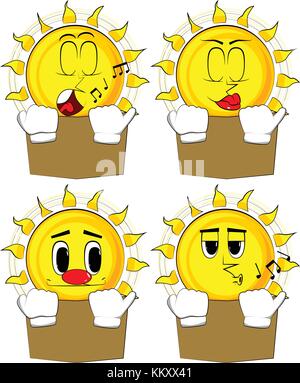 Cartoon sun lesen Buch und versteckt sich hinter sie. Sammlung mit verschiedenen Gesichtsausdrücke. Vektor einrichten. Stock Vektor