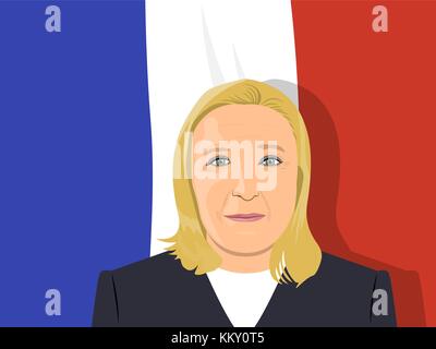 Novenber 1, 2017 Editorial Illustration eines französischen Politikers Marine le Pen Portrait auf weißem Hintergrund. Stock Vektor